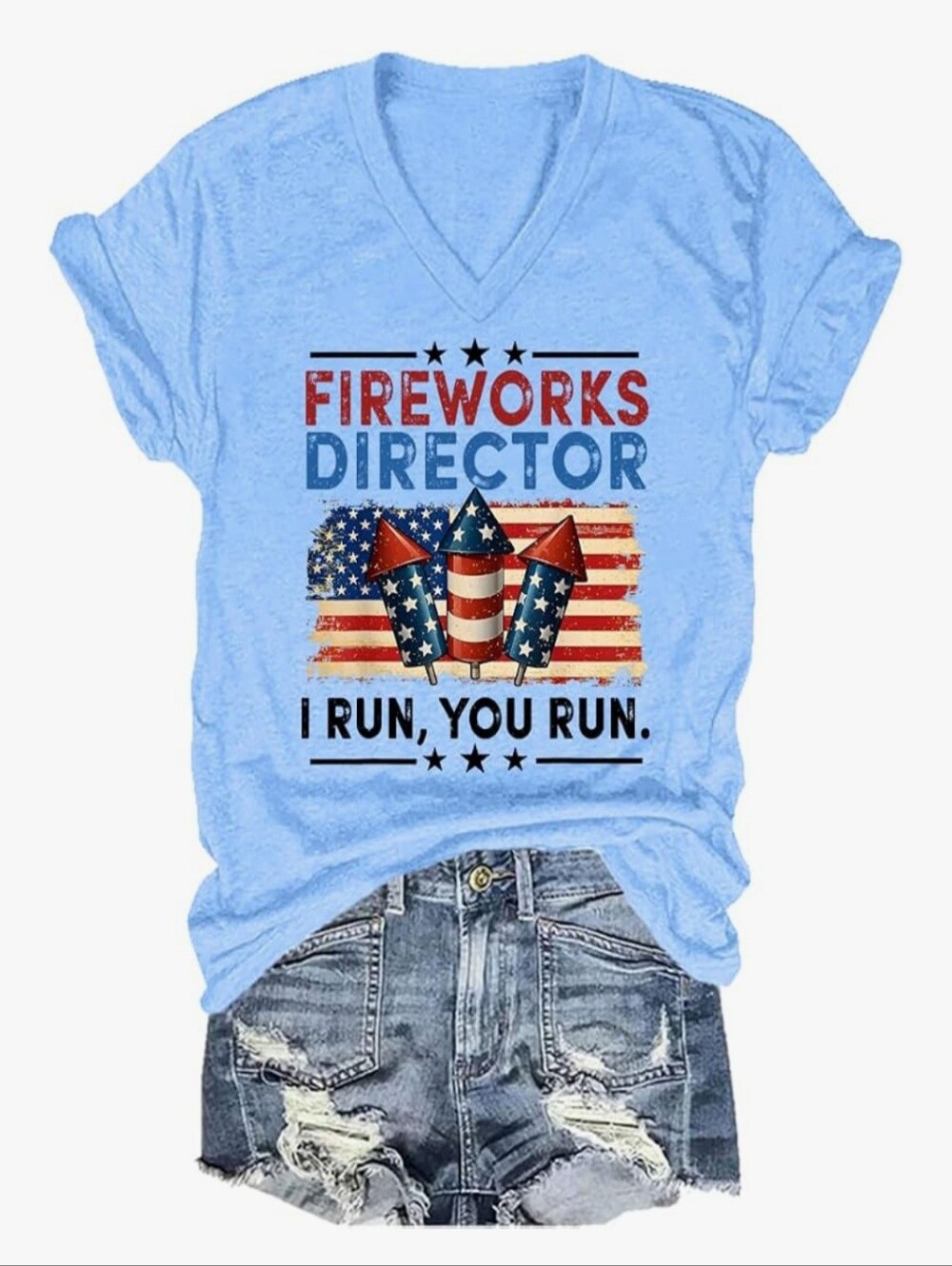"Fireworks Director" 4th of July Novelty Graphic Tee (Light Blue, M)